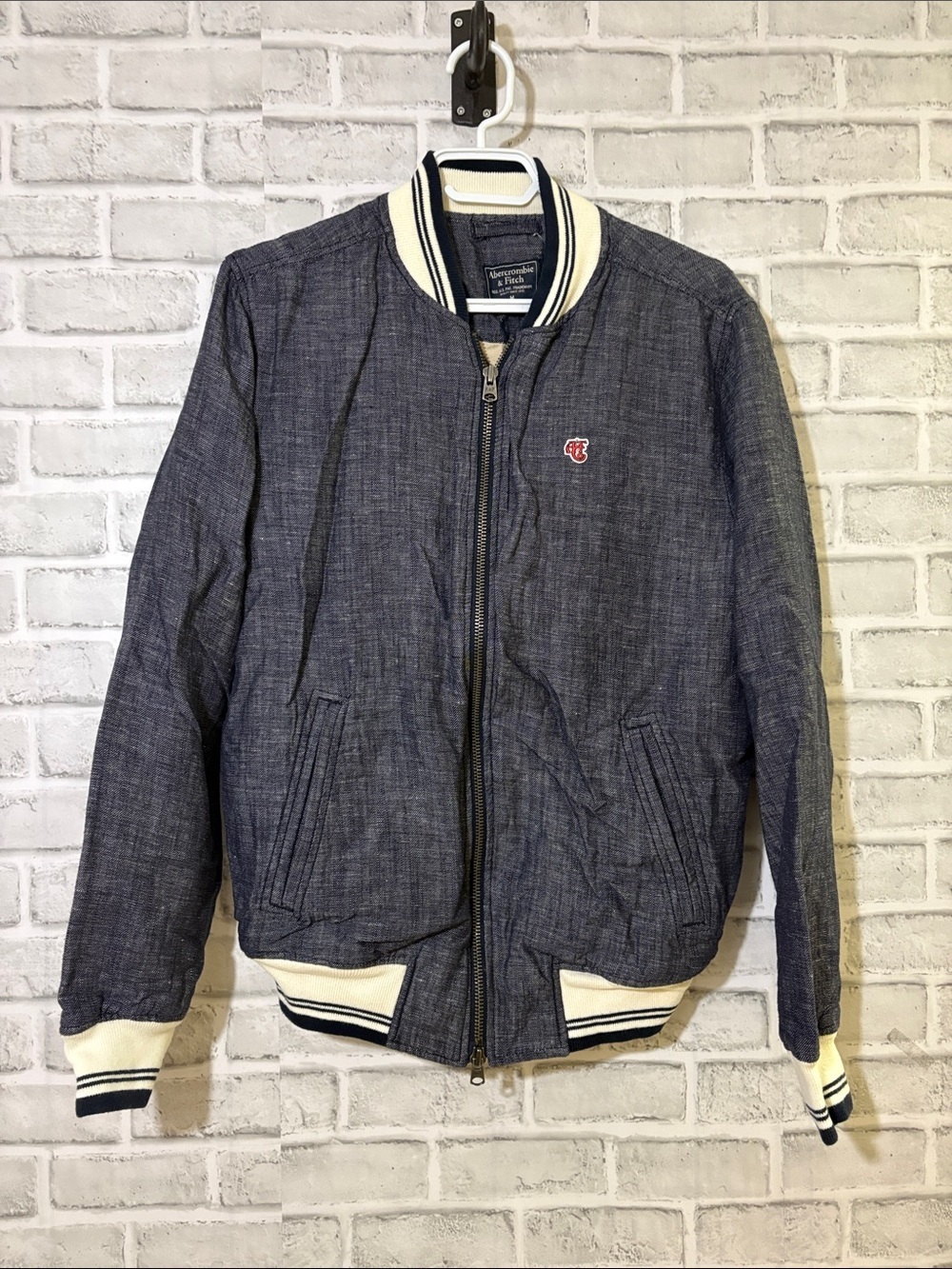 Abercrombie & Fitch Navy Bomber Jacket with Cream Trim, medium